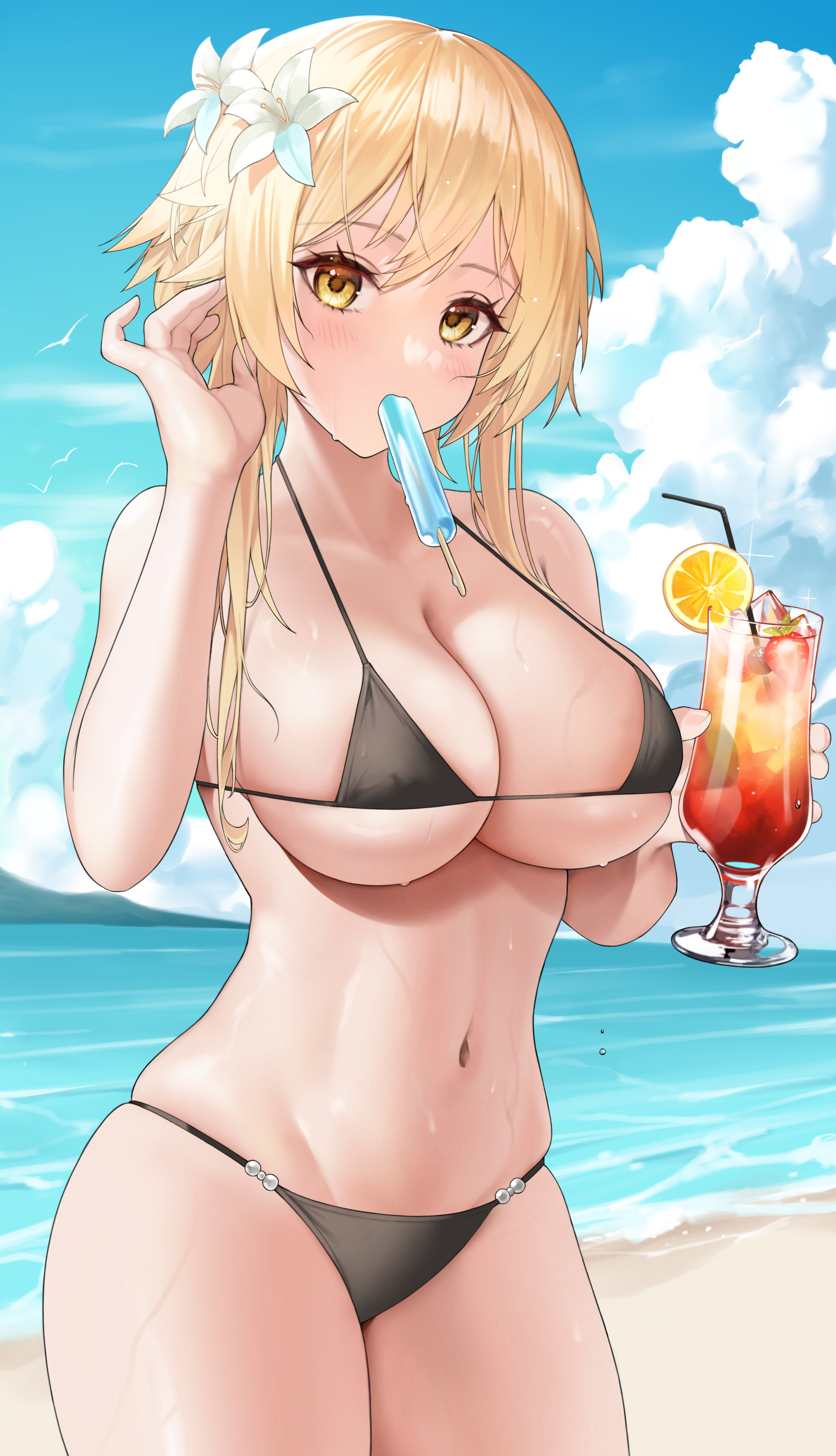 Хентай genshin impact,lumine,Большие сиськи,купальники,пляж,пресc,короткая стрижка, rule34