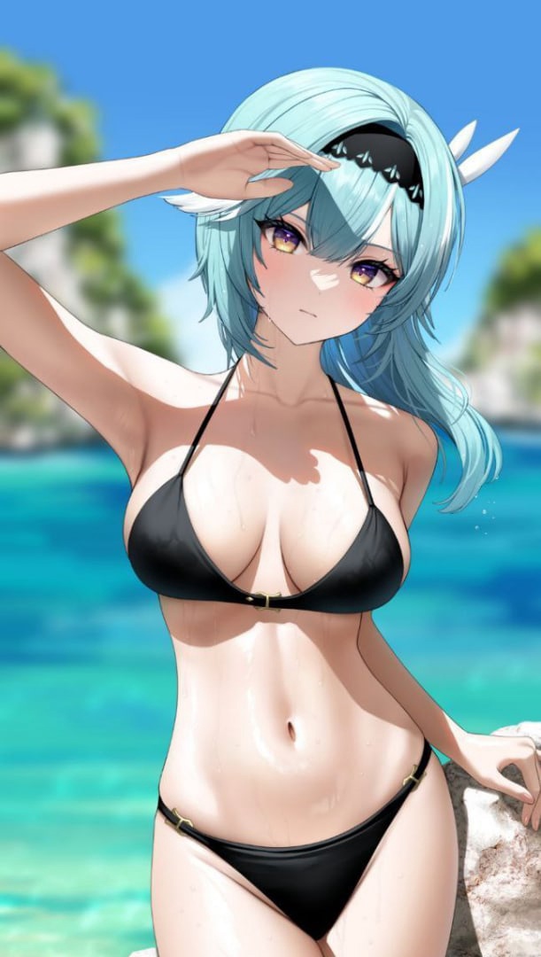 Хентай Аниме,Большие сиськи,красотка,купальники,пляж,слава_украине,эротика,эстетика,eula,genshin impact, rule34