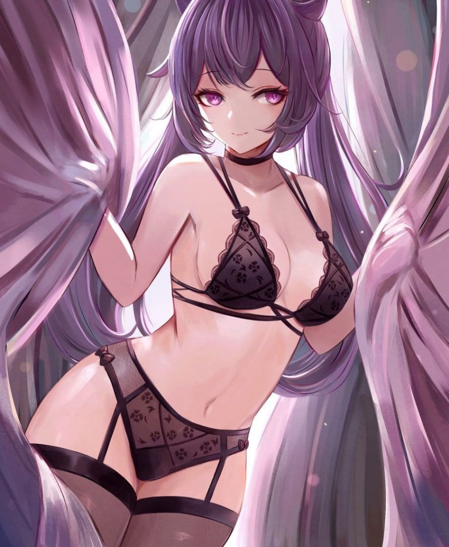 Хентай Аниме,Большие сиськи,красотка,милая,нижнее бельё,постель,слава_украине,трусики,эротика,эстетика,genshin impact,keqing, rule34