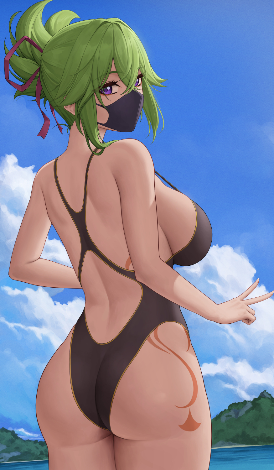 Хентай Большие сиськи,Большая жопа,genshin impact,купальники,зелёные волосы,куки_синобу, rule34