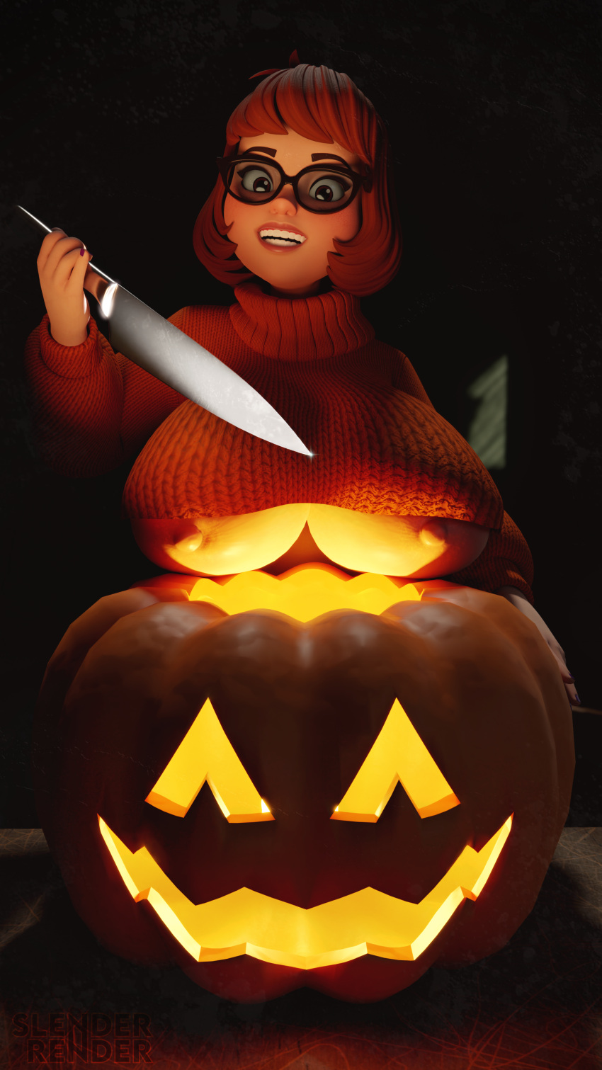 Хентай Большие сиськи,в одежде,короткая стрижка,коричневые волосы,scooby_doo,скуби_ду,велма_scooby_doo,хэллоуин,halloween,тыква, rule34