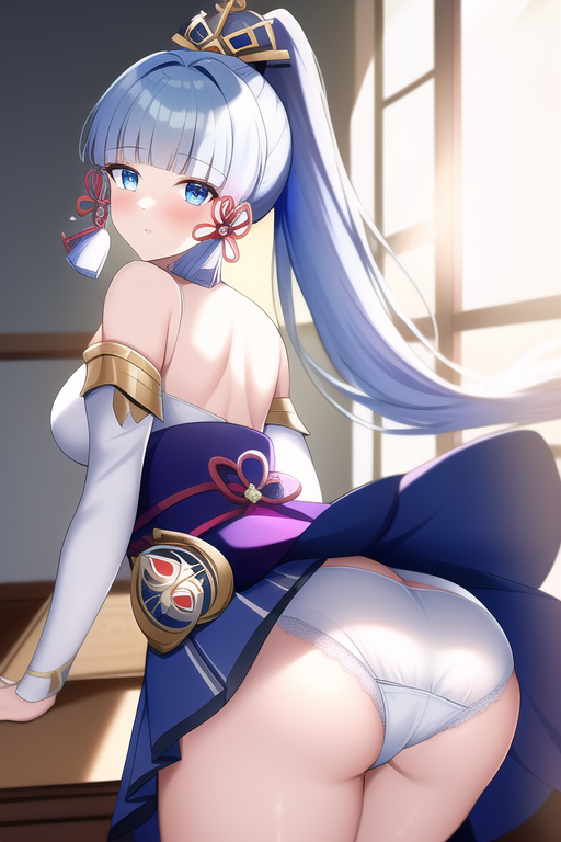 Хентай Большая жопа,Большие сиськи,вид сзади,в одежде,длинные волосы,трусики,юбочка,genshin impact,kamisato_ayaka,nai_diffusion,stable_diffusion,нейросеть, rule34