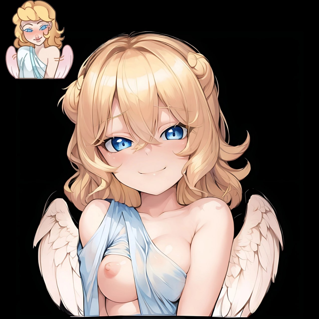 Хентай ангел,блондинка,Большие сиськи,грудь,короткая стрижка,крылья,нейросеть,светловолосая,серафима__стикеры_вконтакте,синие_глаза,смущение,соски,стикеры_вконтакте,nai_diffusion,stable_diffusion, rule34