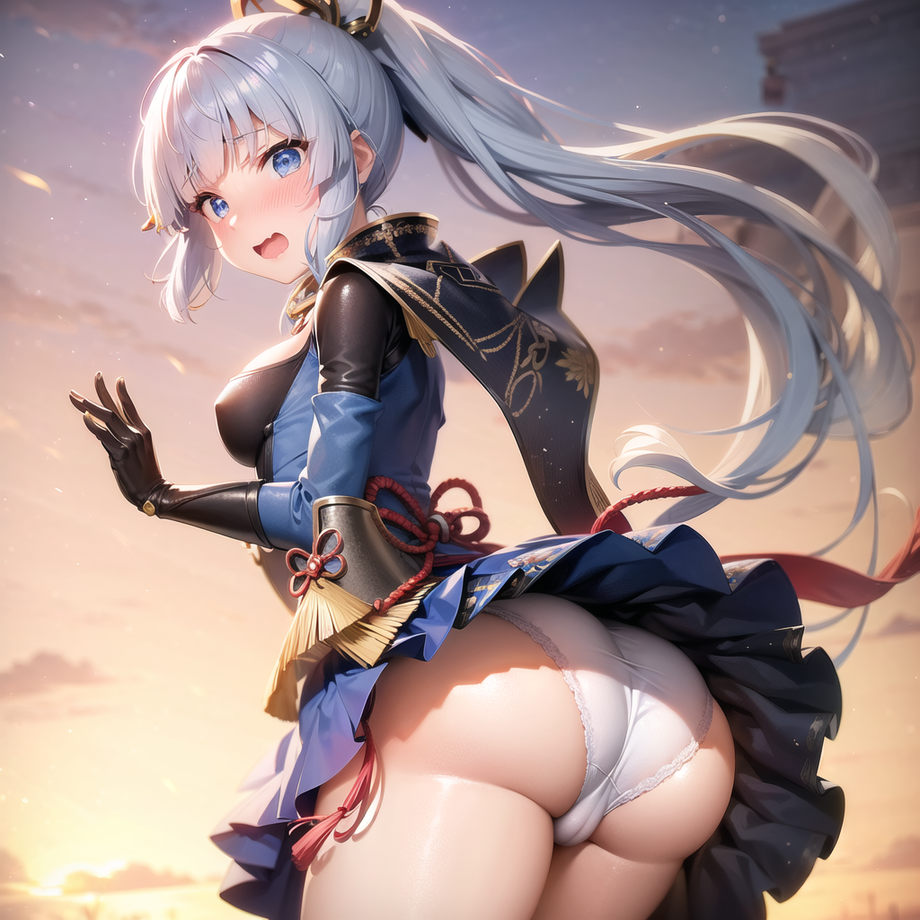 Хентай Большая жопа,genshin impact,трусики,вид сзади,юбочка,смущение,нейросеть,stable_diffusion,nai_diffusion,kamisato_ayaka, rule34