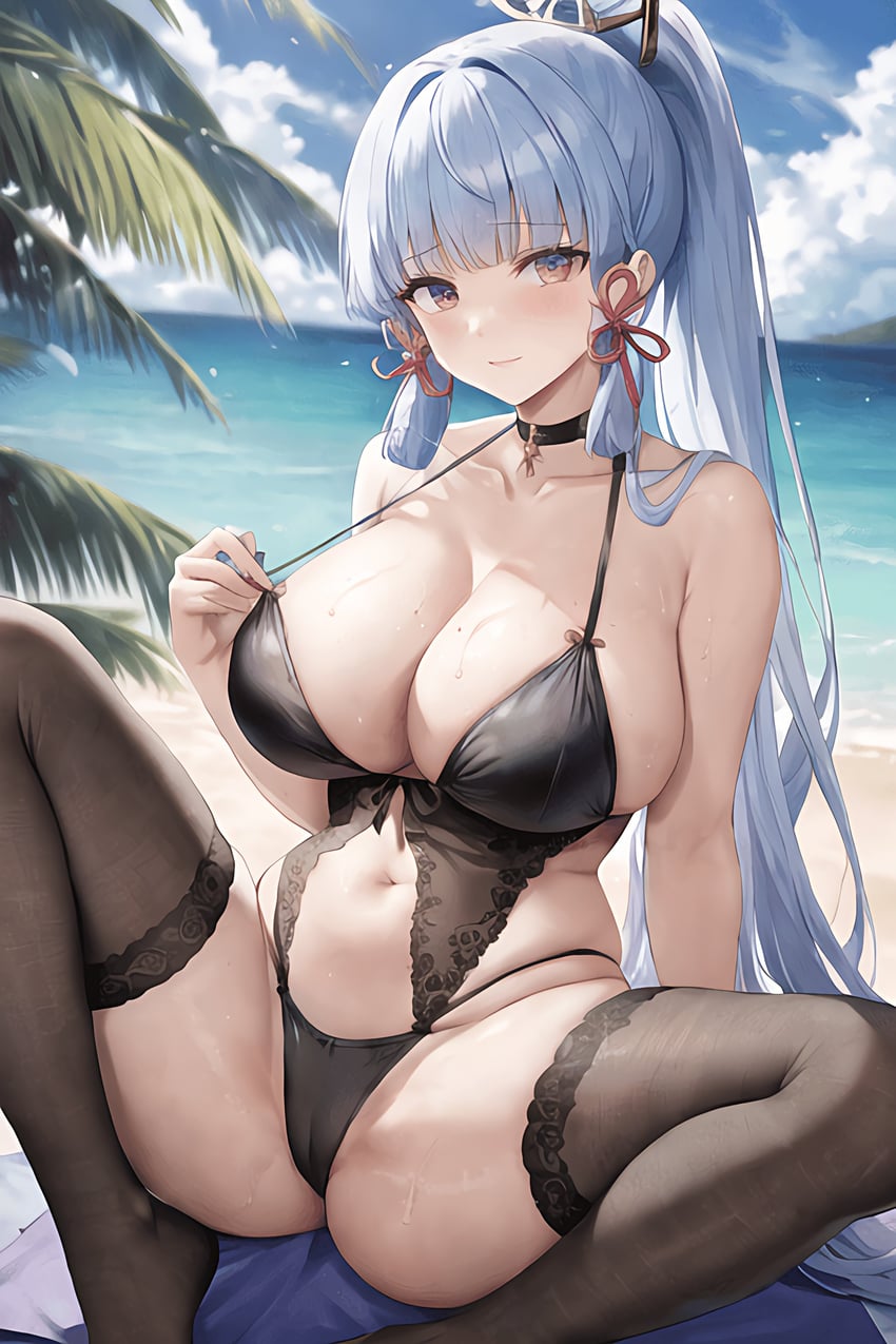 Хентай genshin impact,kamisato_ayaka,stable_diffusion,Большие сиськи,нейросеть,нижнее бельё,пляж,трусики,чулки,раздвинула_ножки, rule34
