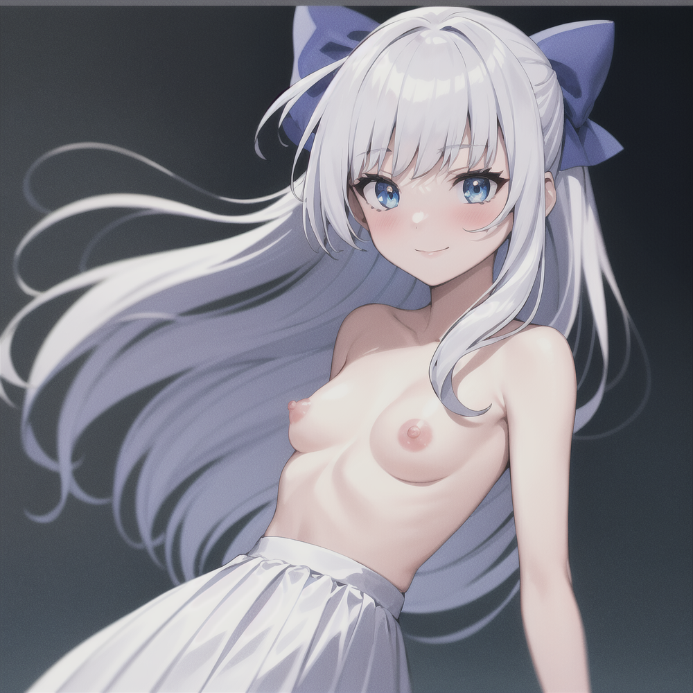 Хентай в одежде,длинные волосы,маленькие сиськи,нейросеть,stable_diffusion,смущение,синие_глаза,белые_волосы,юбка,улыбка, rule34