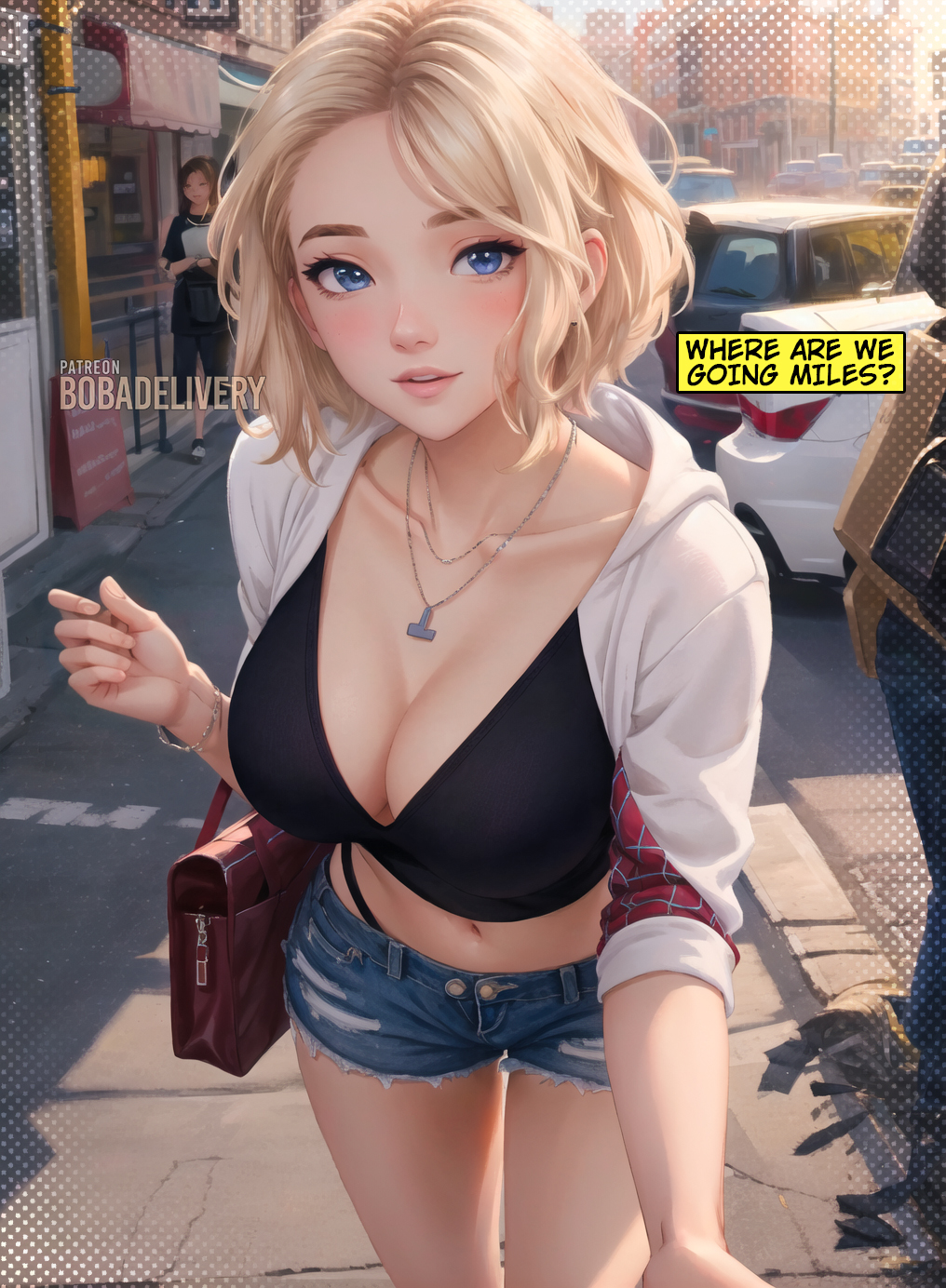 Хентай Большие сиськи,в одежде,stable_diffusion,нейросеть,блондинка,человек_паук,гвен_стейси, rule34