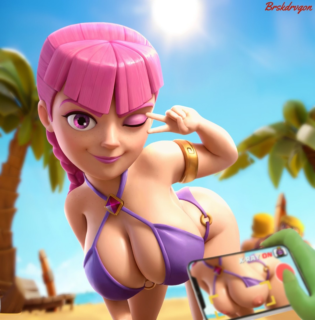 Хентай Большие сиськи,нижнее бельё,clash_royale,розовые волосы,пляж,x ray, rule34